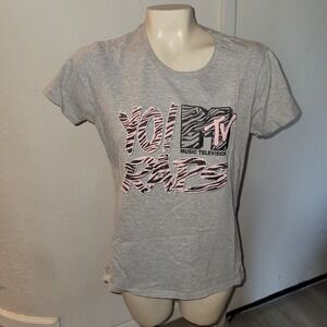 MTV Music Television Yo! Raps Graphic T Shirt Women's Grey Zebra Print retro 80s